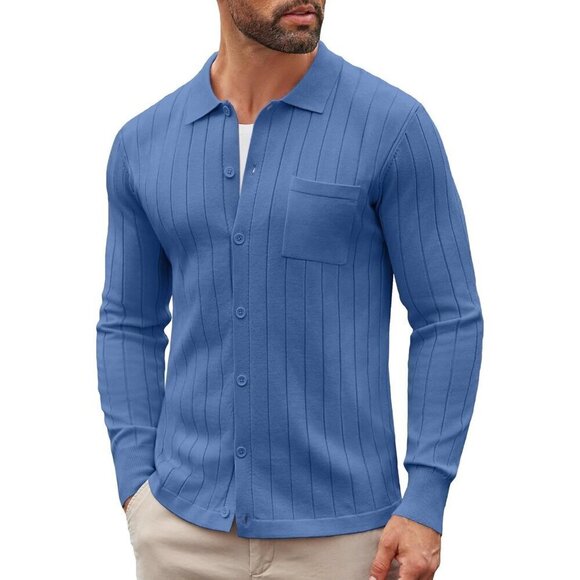 Men Blue Casual Knit Polo Shirt Long Sleeve Button Down Sweater Polo with Pocket - Picture 1 of 9